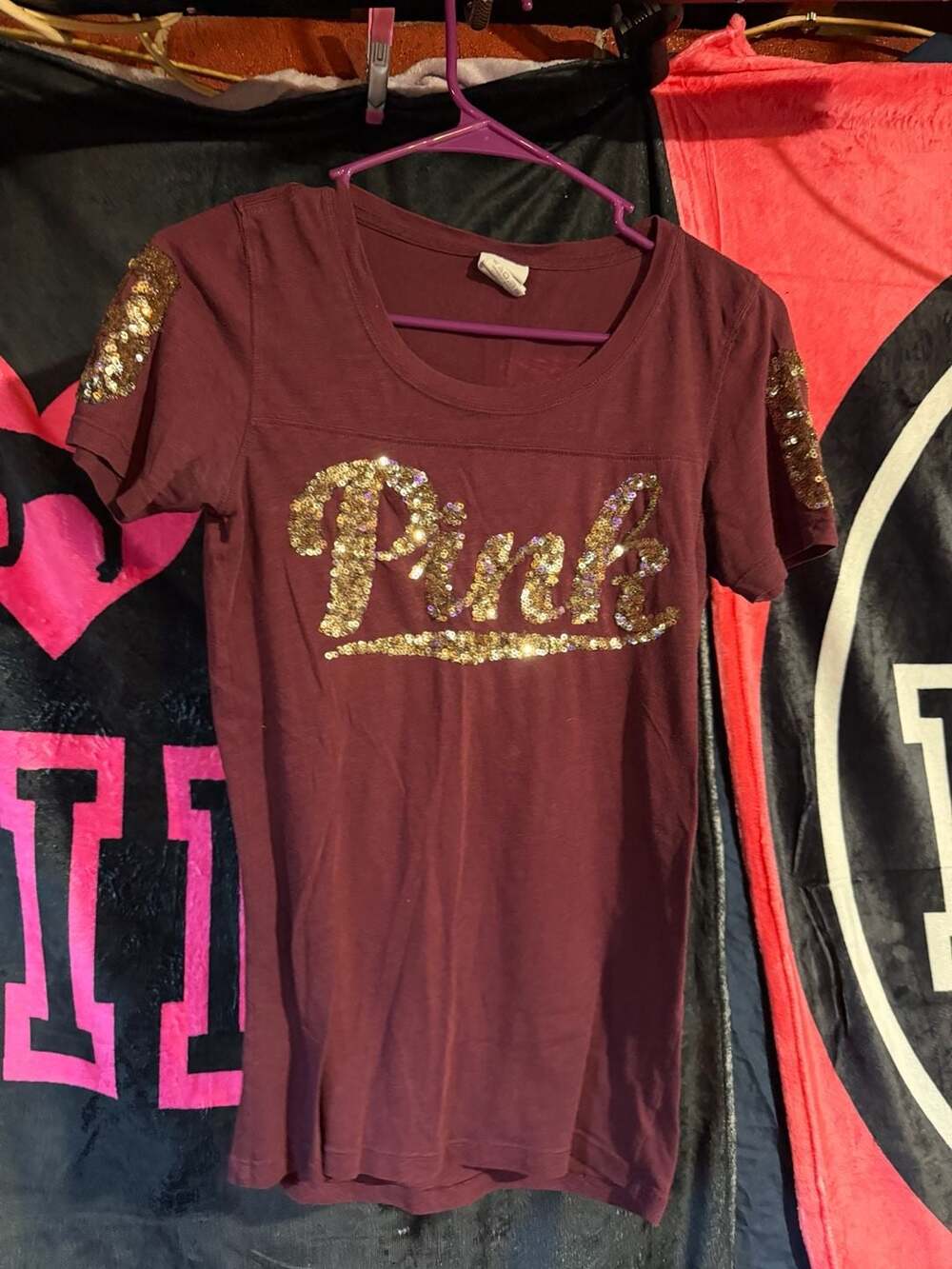 Victoria's Secret PINK Maroon Short Sleeve Sequin Logo T-Shirt
